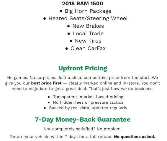 Used 2018 RAM Ram 1500 Pickup Big Horn with VIN 1C6RR7LG2JS273453 for sale in Neenah, WI